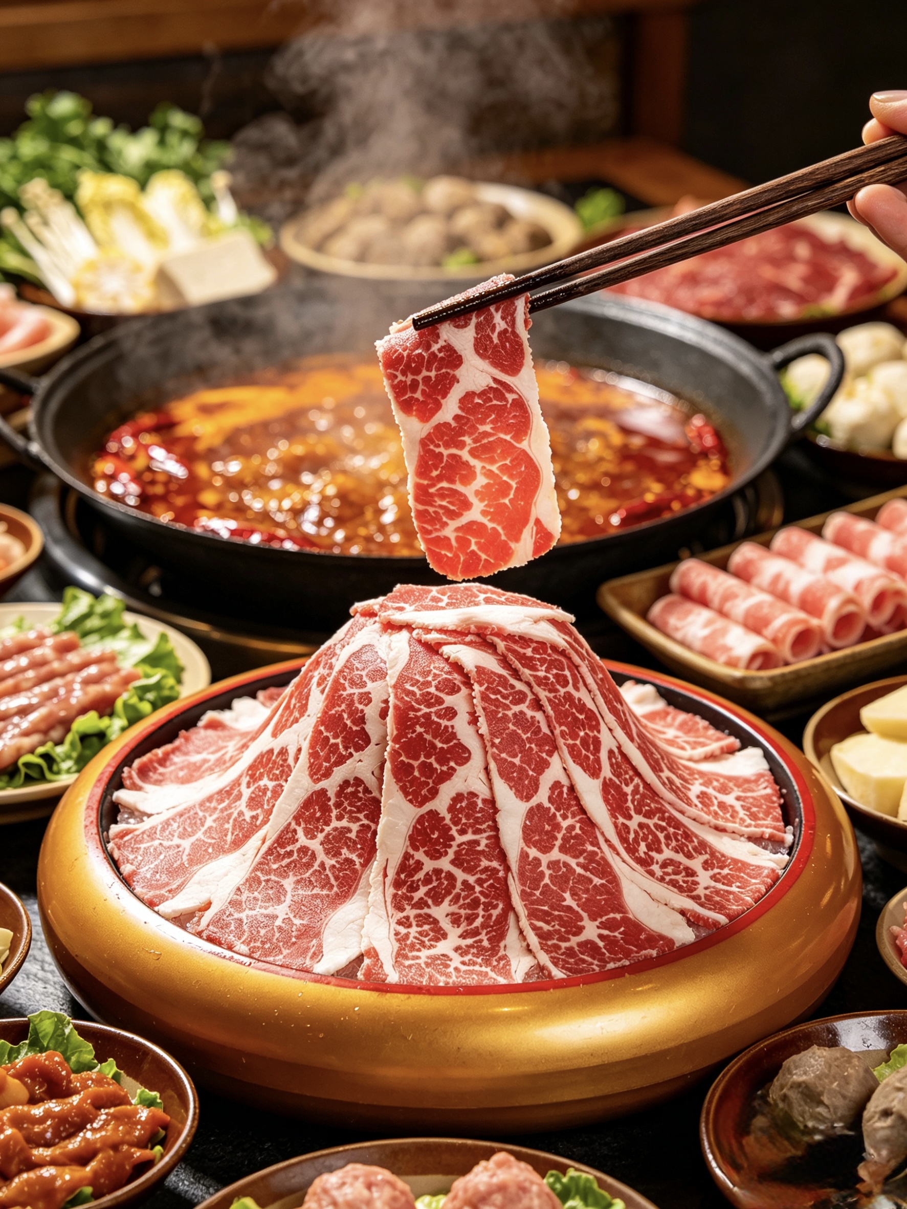 日本 A5 和牛在霸虎紅油鍋前上桌